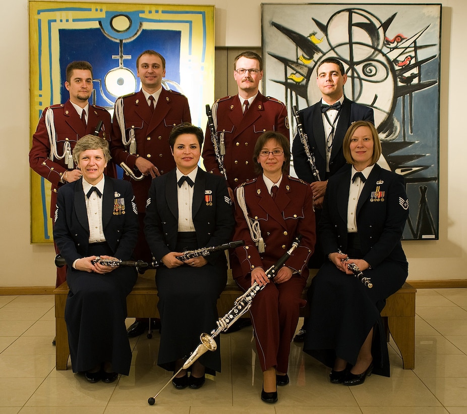 Airmen of the USAFE Band Clarinet quartet capture a moment with Latvian muscians during a recent Eastern European performance. USAFE Bandsmen performed 19 public outreach concerts for over 8,000 people in six Eastern European countries. Wings of Dixie and The USAFE Clarinet Quartet showcased classics of Dixieland and American chamber music in Latvia and Lithuania, while the Winds Aloft and Five Star Brass quintets entertained concert-goers in Estonia and Finland. For most audience members, it was the first time they had seen and spoke with members of the U.S. armed forces. 