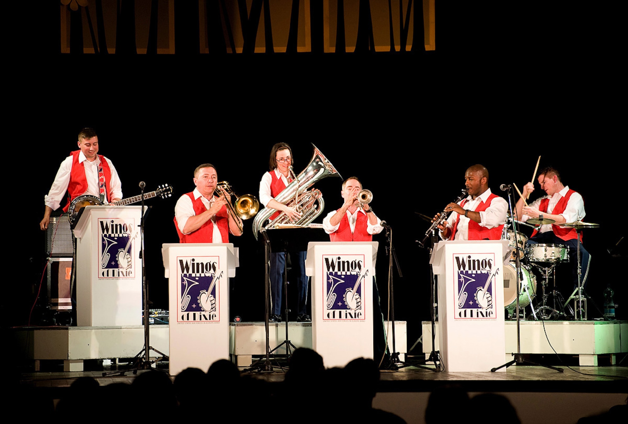 Airmen of the USAFE Band ensemble "Wings of Dixie" perform during an Eastern European engagement. USAFE Bandsmen performed 19 public outreach concerts for over 8,000 people in six Eastern European countries. Wings of Dixie and The USAFE Clarinet Quartet showcased classics of Dixieland and American chamber music in Latvia and Lithuania, while the Winds Aloft and Five Star Brass quintets entertained concert-goers in Estonia and Finland. 

For most audience members, it was the first time they had seen and spoke with members of the U.S. armed forces. 