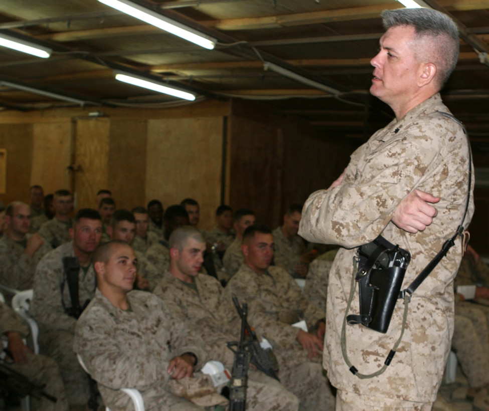 Lt. Col. Scott Woodard, the staff judge advocate for 2nd Marine Logistics Group (Forward), gives a class on rules of engagement and escalation of force aboard Camp Al Taqaddum, Iraq, May 19, 2009. Woodard is this year’s recipient of the Judge Advocate Association's Outstanding Career Armed Services Attorney Award. (U.S. Marine Corps photograph by Lance Cpl. Melissa A. Latty)