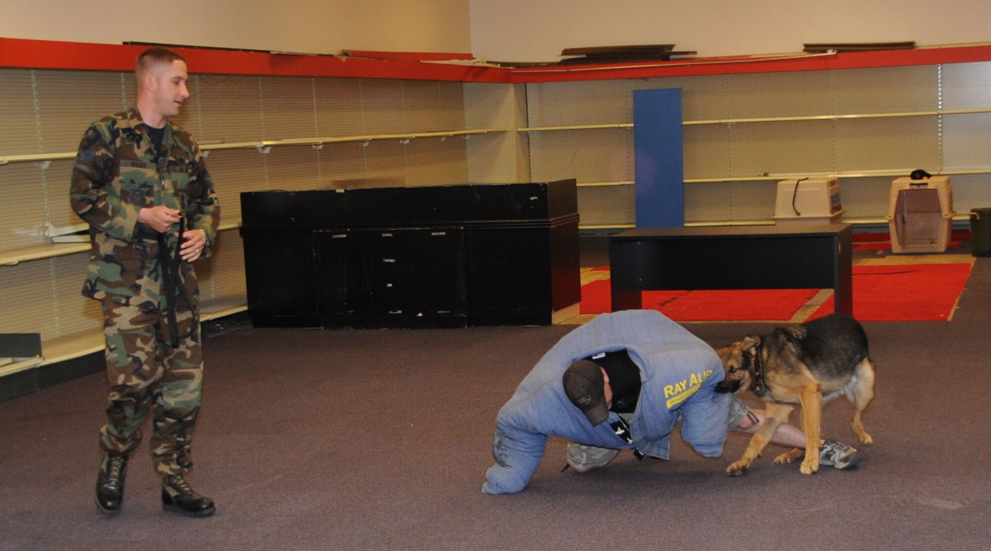 CANNON AIR FORCE BASE, N.M. -- Staff Sgt. Francis Wilkes (left) and Senior Airman Michael O'Callaghan, 27th Special Operations Security Forces Squadron, demonstrate how a Military Working Dog would secure an offender in a hostile situation during a demonstration at the North Plains Mall in Clovis May 13. The dogs are trained to follow specific commands from their assigned owners. (U.S. Air Force photo/Airman 1st Class Maynelinne De la Cruz)   