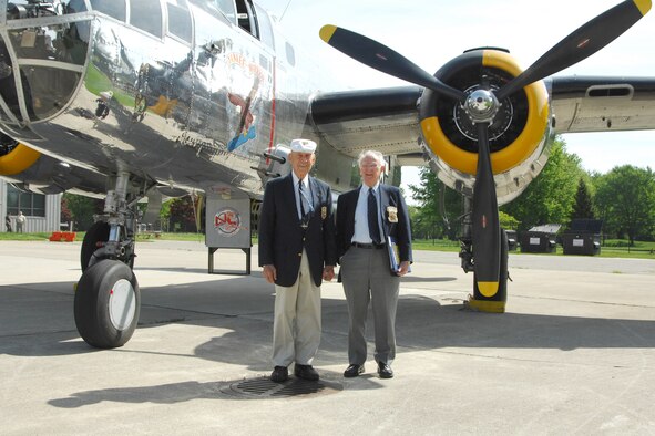 Lt. Col. Richard Cole, USAF (ret.), co-pilot for Lt. Col. Jimmy Doolittle during the Doolittle Raid on Japan, and Col. Carroll Glines, USAF (ret.), Doolittle Raiders historian and author of numerous books on the Air Force, were guest speakers at the Base Community Council meeting at Selfridge Air National Guard Base on May 19.  Michigan's Yankee Air Museum flew in a B-25 Mitchell bomber as a static display for the event that was attended by more than 300 base and community personnel. (USAF photo by John S. Swanson)