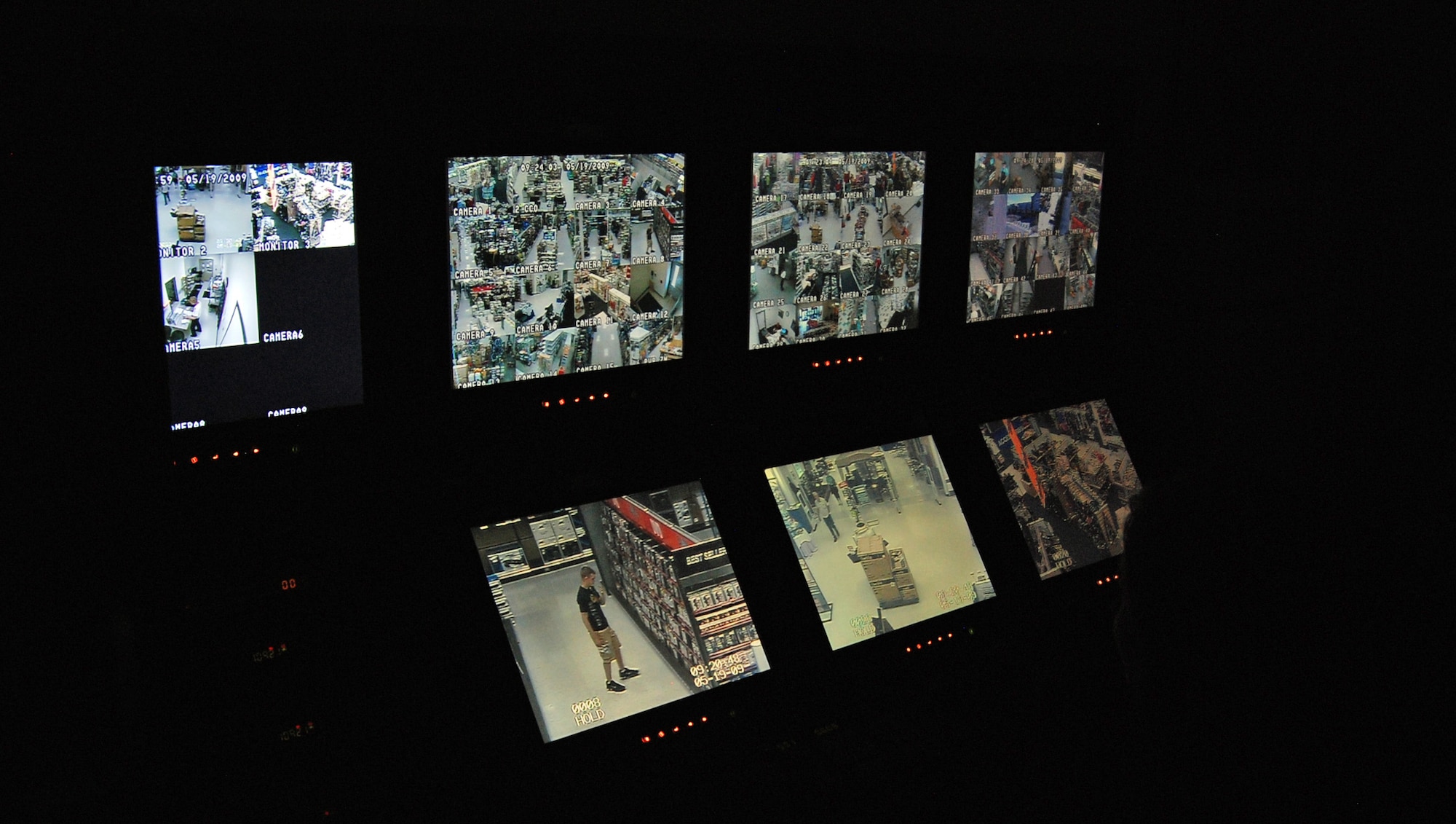 Among Peterson’s loss prevention equipment is the Sensormatic Closed Circuit Television system which controls approximately 50 cameras placed in all public areas of the base exchange. Loss prevention staff members monitor this system during business hours to detect and prevent shoplifting. Undetected shoplifting cost the Army Air Force Exchange Service more than 14 million dollars in 2008. Items topping the average AAFES shoplifter’s “must have” list include purses, iPods, Compact Discs, DVDs, colognes, perfumes, health and beauty aids, vitamins and razor blades. (Air Force photo by Tech Sgt. Ray Bowden) 

