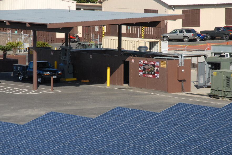 HICKAM AIR FORCE BASE, Hawaii – A $1.1 million solar array project to power the base hydrogen production and fueling station marks a “first” for both the Air Force and the state of Hawaii. Installation of the 810 solar modules was completed May 8 on Hickam Air Force Base. Now that the solar panels are installed, they will go through a week-long commissioning process. By May 22, the testing process should be finished, and the plant will be up and running. (U.S. Air Force photo by Senior Airman Carolyn Viss)