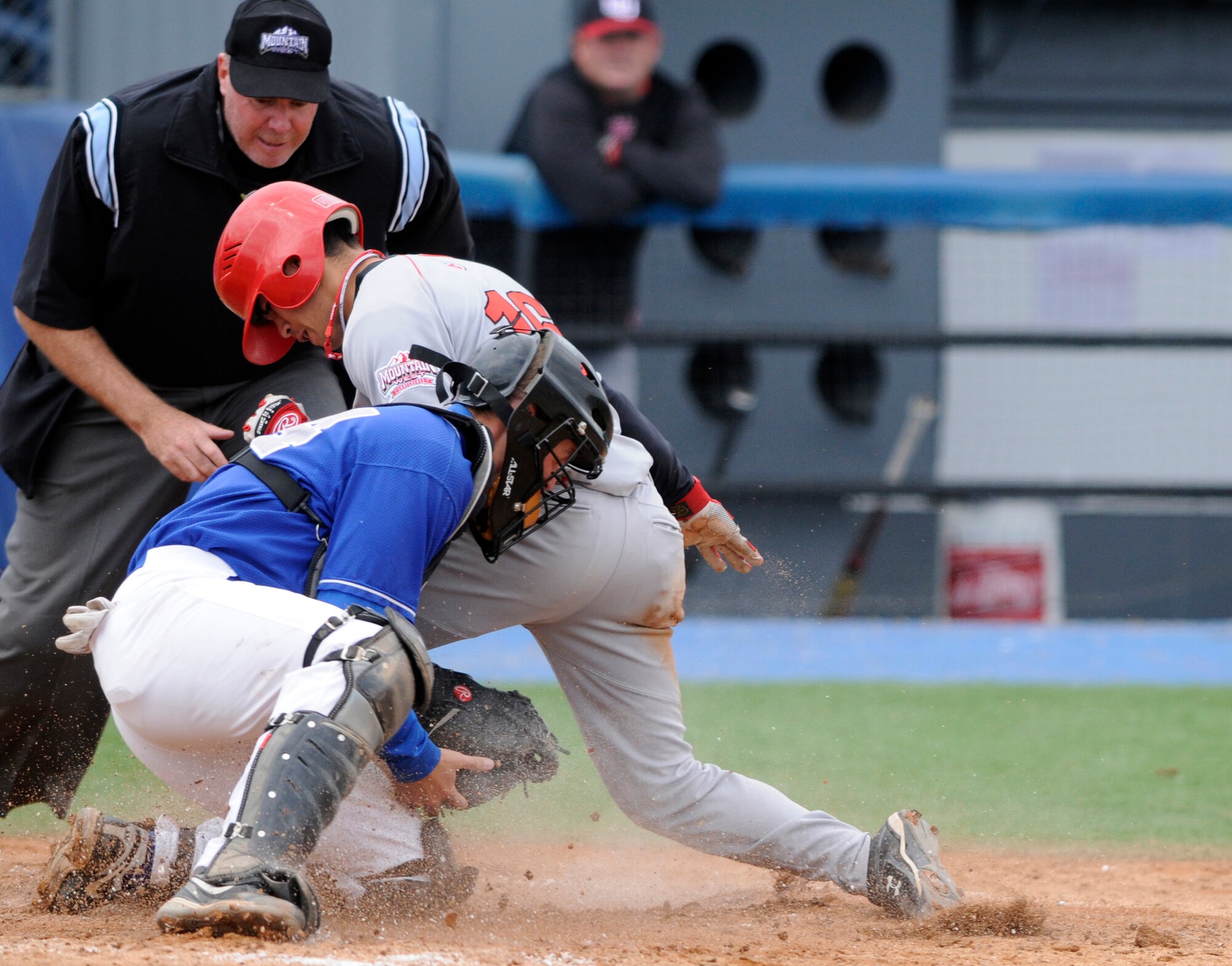 Air Force catcher Parker Mayo takes the tag on a play at the plate during a doubleheader against the Utah Utes May 3. The Falcons lost both games against Utah, 12-6 and 19-8, dropping the Falcons to an overall record of 14-32 and a conference record of 3-12. (U.S. Air Force photo/J. Rachel Spencer)