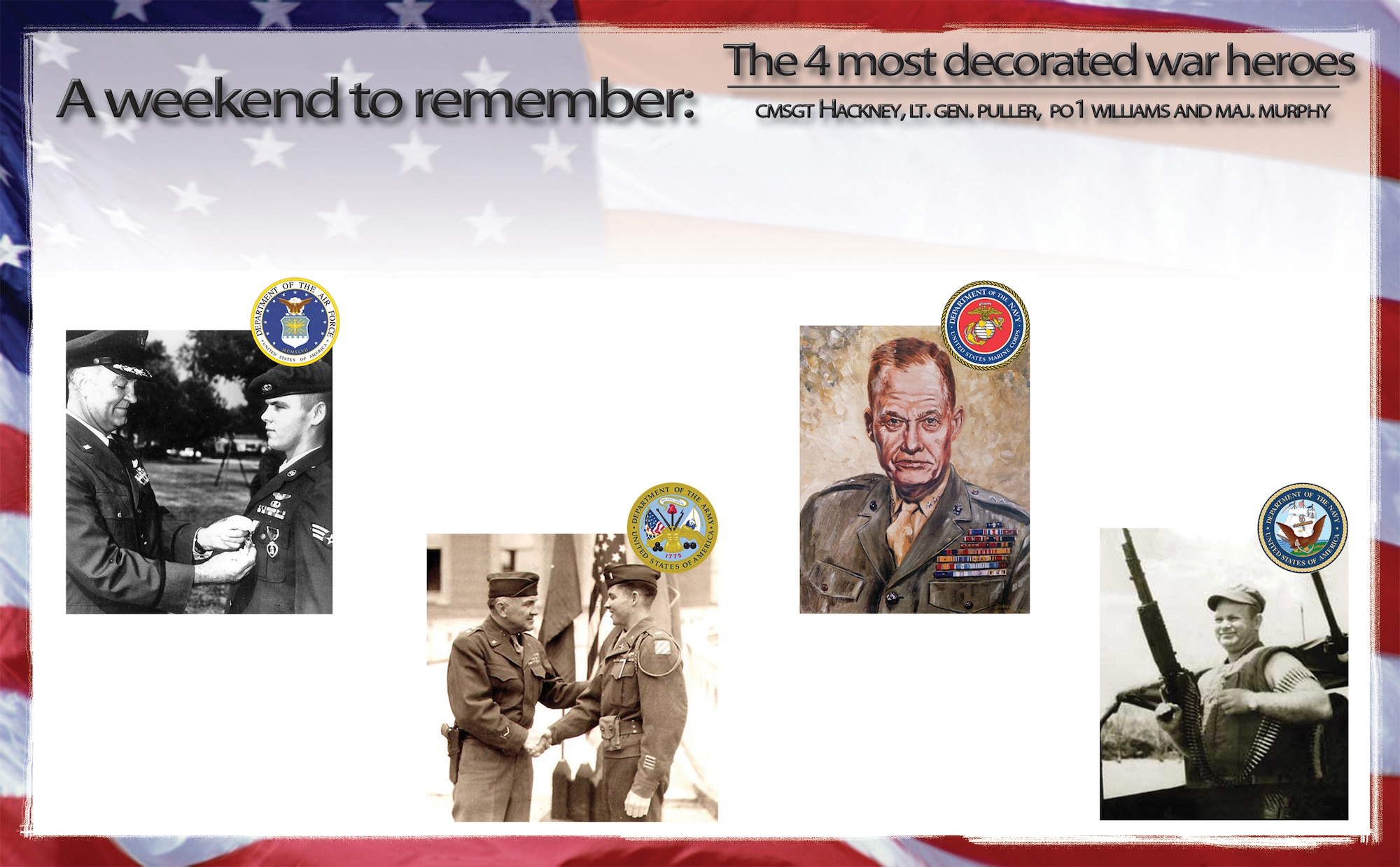 Here are the stories of four American heroes. Chief Master Sgt. Duane Hackney, Lt. Gen. Lewis ?Chesty? Puller, Boatswain?s Mate First Class James Williams and Maj. Audie Murphy are beacons of leadership for their fellow servicemembers to follow. (U.S. Air Force graphic by Tech. Sgt. Kevin Wallace)