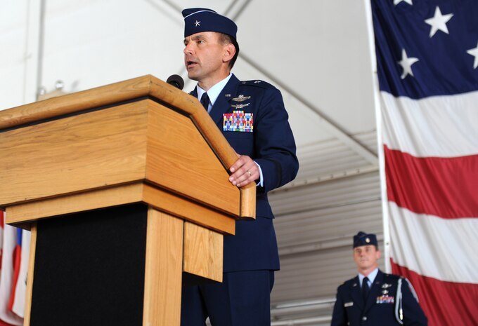 Brig. Gen. Stanley T. Kresge, Commander, U.S. Air Force Warfare Center, gives a introductory speech to the crowd during the USAFWC change of command ceremony at Nellis AFB, Nev., May 18. Brig. Gen. Kresge assumes command of the USAFWC after being the Director of Air, Space and Nuclear Operations, Headquarters Air Force Space Command at Peterson AFB, Colo.(U.S. Air Force Photo/Senior Airman Larry E. Reid Jr.)