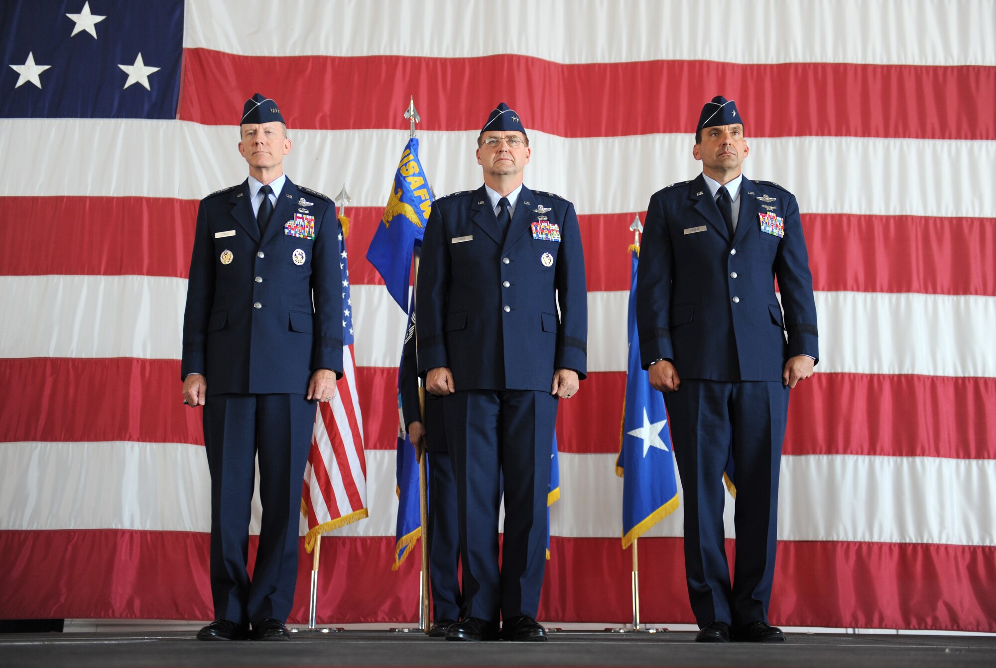 (From left to right) Gen. John D.W. Corley, Commander, Air Combat Command, Langley Air Force Base, Va., Maj. Gen. Stephen L. Hoog, Commander, U.S. Air Force Warfare Center and incoming commander Brig. Gen. Stanley T. Kresge, prepare for the USAFWC change of command at Nellis AFB, Nev., May 18. Brig. Gen. Kresge assumes command of the USAFWC after being the Director of Air, Space and Nuclear Operations, Headquarters Air Force Space Command at Peterson AFB, Colo.
(U.S. Air Force Photo/Senior Airman Larry E. Reid Jr.)
