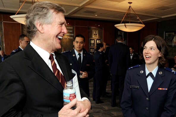 Thomas Boettcher shares stories with cadet candidates during a U.S. Air Force Academy Preparatory School Hall of Fame induction at the Academy April 27. Mr. Boettecher and Marine Lt. Col. Austin Renforth were honored in the ceremony. (U.S. Air Force photo/Mike Kaplan)
