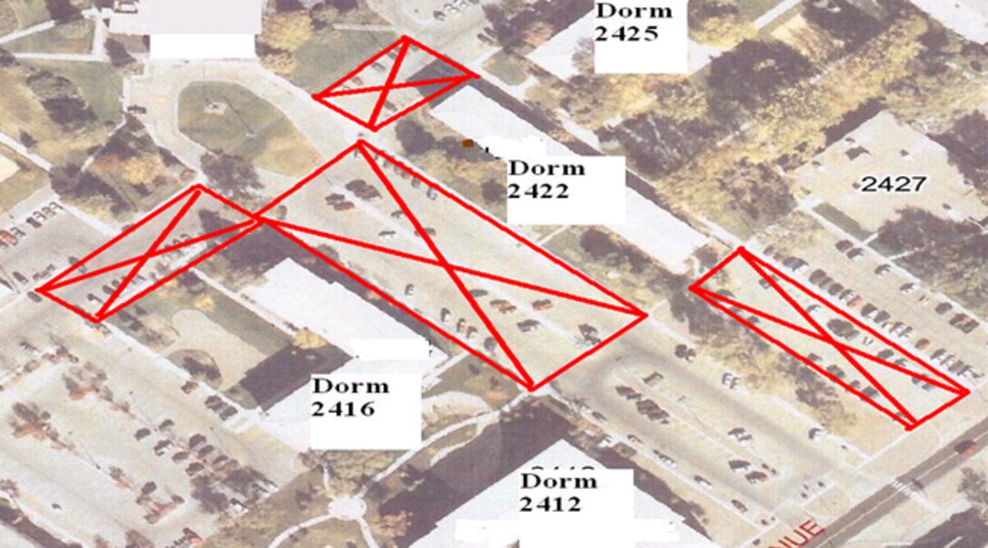 MOUNTAIN HOME AIR FORCE BASE, Idaho – The red areas on the map are the construction sites around dorms 2422 and 2416 where vehicles need to be removed by June 1. The construction is scheduled to be completed in January 2010. (Courtesy photo illustration)
