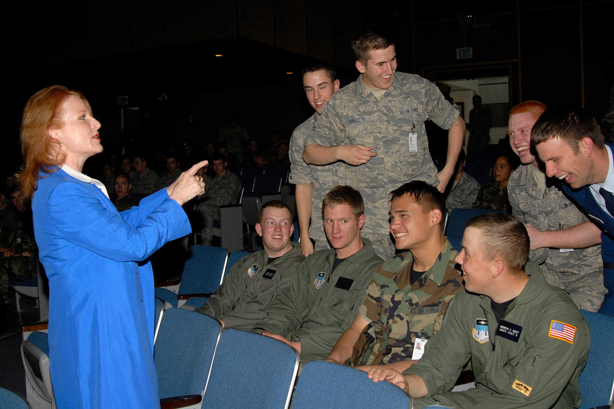 Shawna Schuh addresses U.S. Air Force Academy cadets during her recent visit to the Academy as part of its cadet social decorum program. (U.S. Air Force photo/Rachel Boettcher)