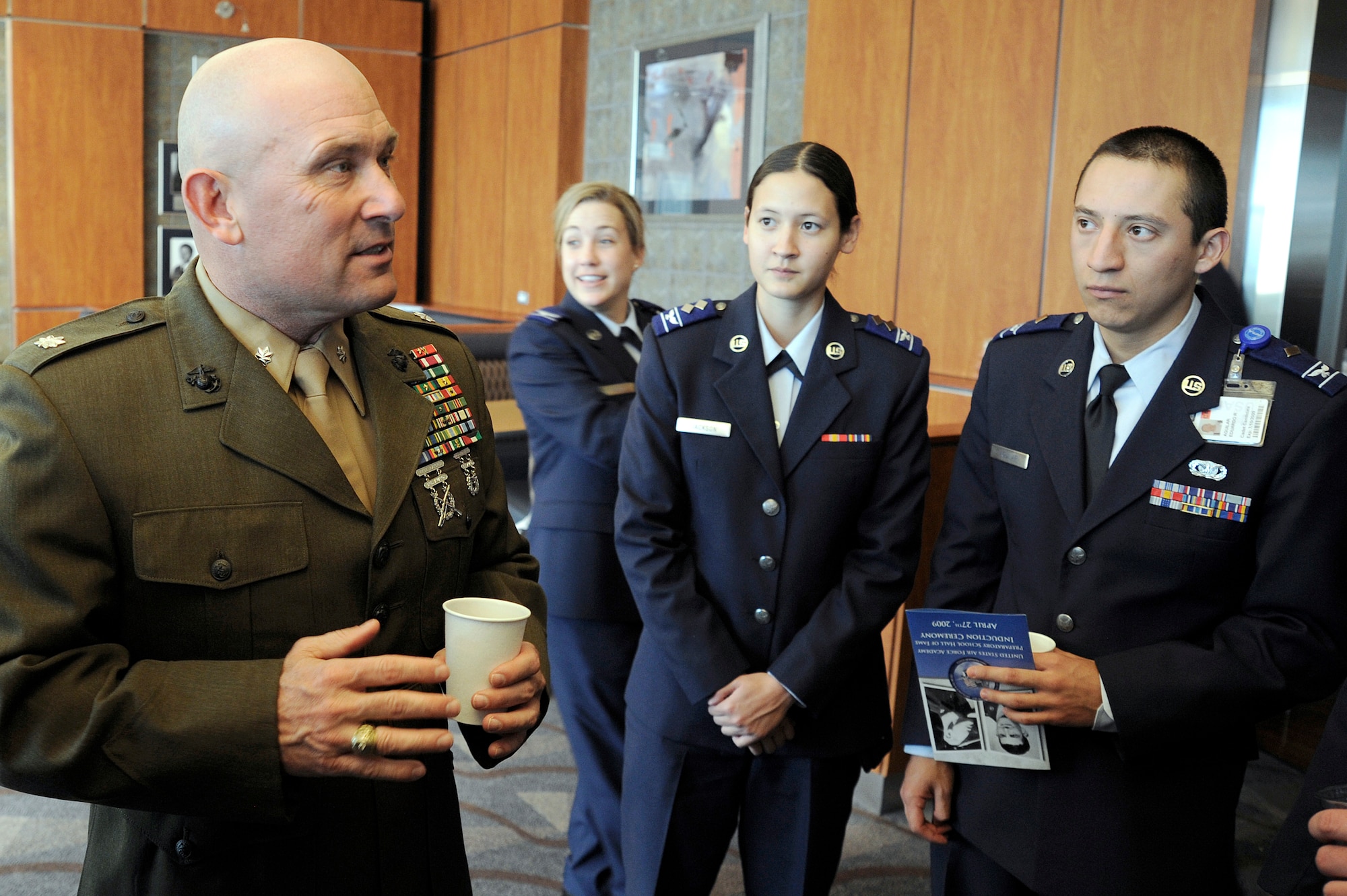 Marine Lt. Col. Austin Renforth visits with cadet candidates at the U.S. Air Force Academy Preparatory School April 27. He and Thomas Boettcher were inducted into the prep school's hall of fame. (U.S. Air Force photo/Mike Kaplan)