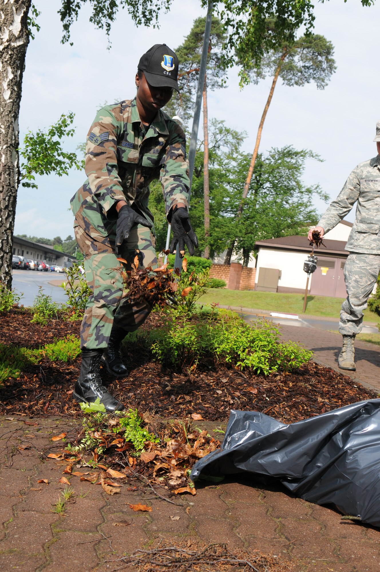 United States Air Force Senior Airman Renae Green, 435th Civil Engineer Group knowledge operations technician, piles dead leaves she picked from shrubbery in front of the CEG building, Ramstein Air Base, Germany, May 11, 2009. Airmen across base worked together to pick up trash during the base clean up day. (U.S. Air Force photo by Senior Airman Levi Riendeau)