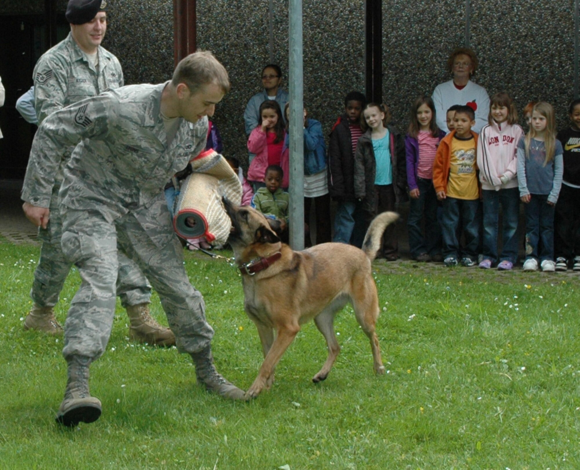 SPANGDAHLEM AIR BASE, Germany -- Military working dog, Katya, gnaws on the covered arm of her trainer, Staff Sgt. Bryan Lyons, 52nd Security Forces Squadron MWD trainer, during a demonstration for Spangdahlem Elementary School students May 13, 2009. The 52nd SFS training section visited the elementary school, as well as Spangdahlem Middle School, during Police Week. (Photo by Bobbie Gonzales)