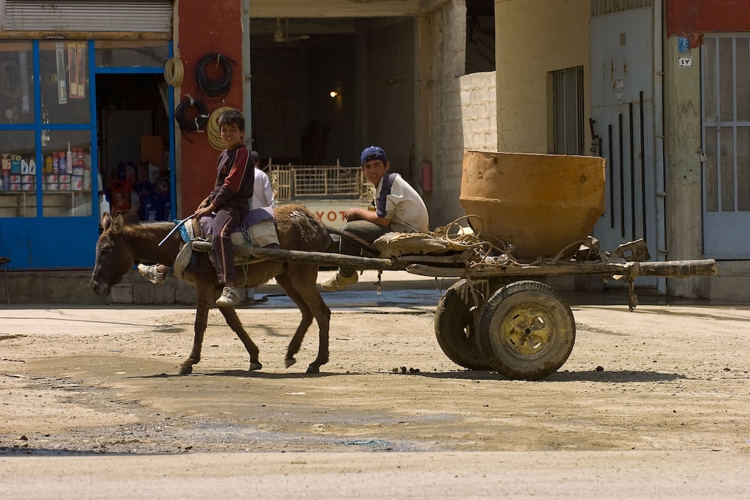 Iraqi boys ride by on their donkey cart in the industrial sector of the town of Taza, May 16, 2009, in Kirkuk, Iraq.