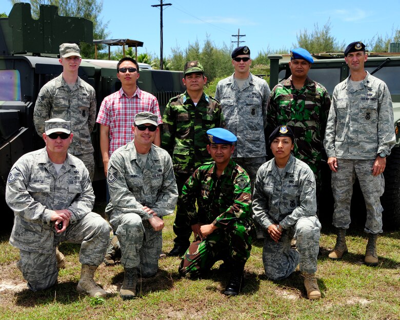 ANDERSEN AIR FORCE BASE, Guam - Members of the 736th Security Forces Squadron, Commando Warrior Cadre, Vietnam, and Indonesia military members pose for a group at Andersen South, May 19. The purpose of the Subject Matter Expert Exchange visit was to show our capabilities to the Vietnamese and Indonesian visitors as well as become familiar with nations in the Pacific Command Region. (U.S. Air Force photo by Airman 1st Class Courtney Witt)
