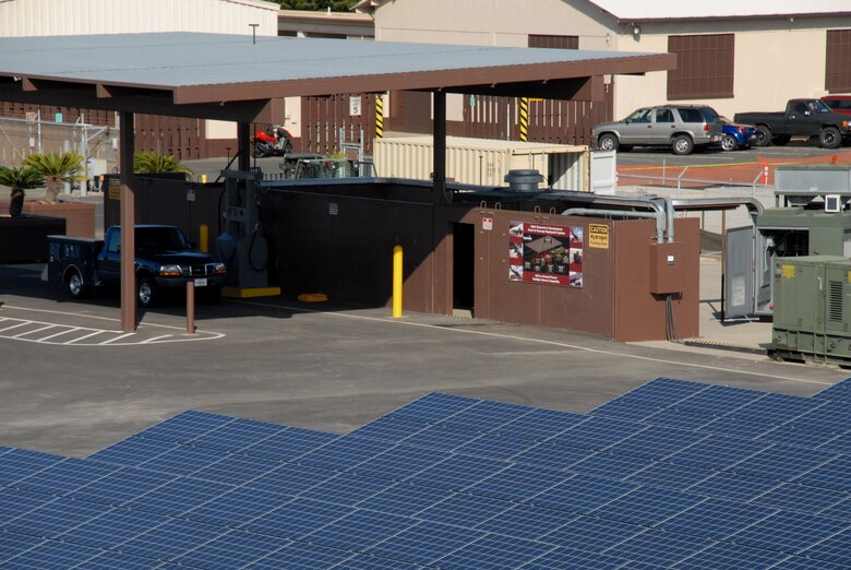 A $1.1 million solar array project to power the base hydrogen production and fueling station marks a "first" for both the Air Force and the state of Hawaii. Installation of the 810 solar modules was completed May 8 on Hickam Air Force Base. Now the solar panels will go through a week-long commissioning process. By May 22, the testing process should be finished, and the plant will be up and running. (U.S. Air Force photo/Senior Airman Carolyn Viss)