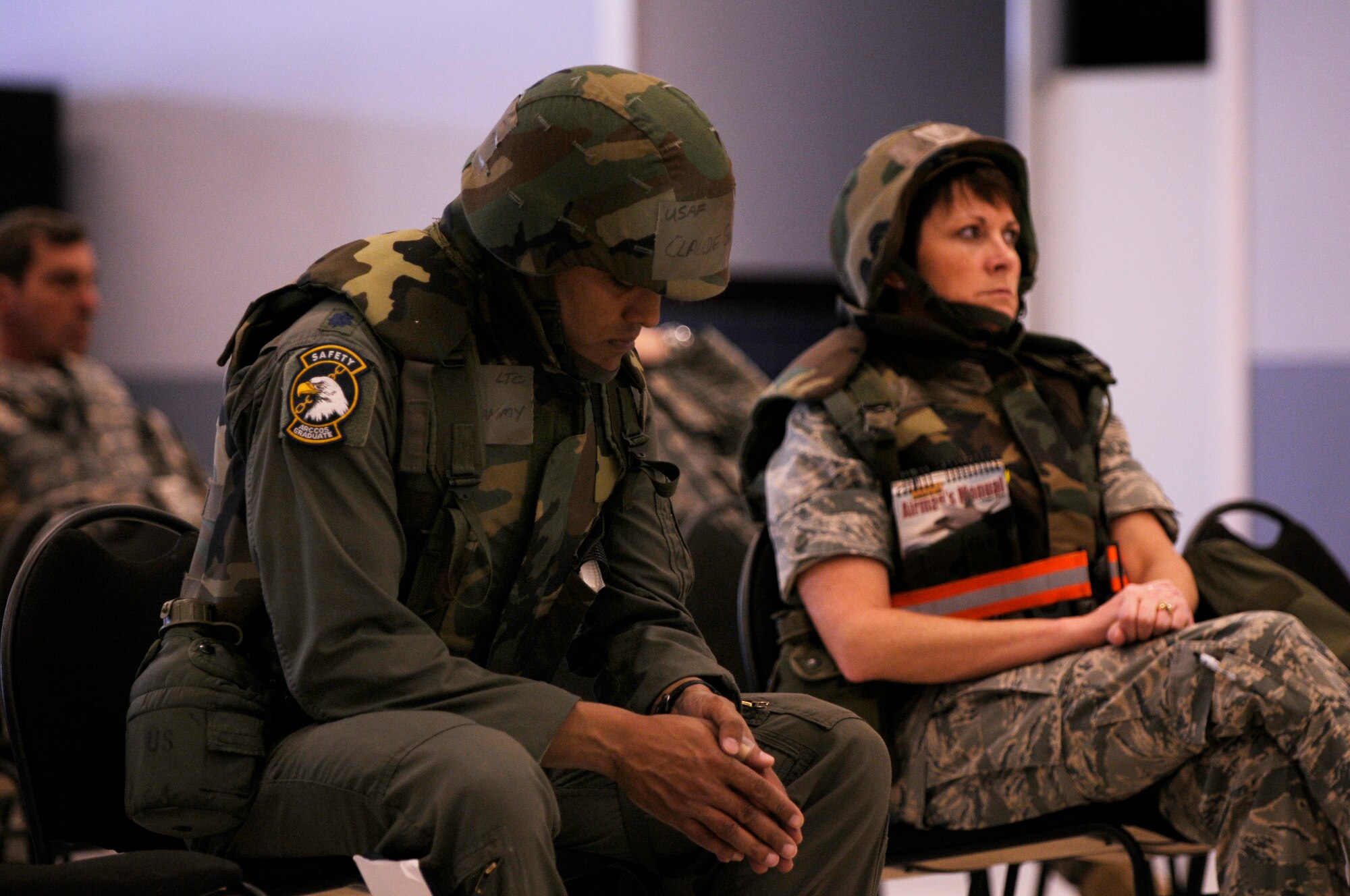 Lt. Col. Claude Swammy prepares mentally to deploy during an operational readiness exercise May 18, 2009, Eielson Air Force Base, Alaska. The exercise tests Airmen's ability to prepare, deploy and enable at a moments notice as well as giving Airmen experience in training in a simulated heightened environment. Colonel Swammy is assigned to the 168th Air Refueling Wing, Alaska Air National Guard, Chief of Safety. (U.S.  Air Force photo/Airman 1st Class Laura Max)
 
