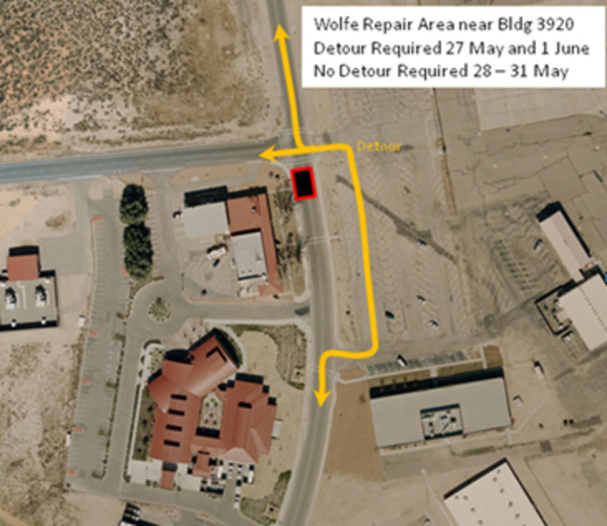 Wolfe Avenue repair near building 3920 will require detour from May 27 through June 1. No detour is required during construction from May 28 to 31. (Courtesy graphic)
