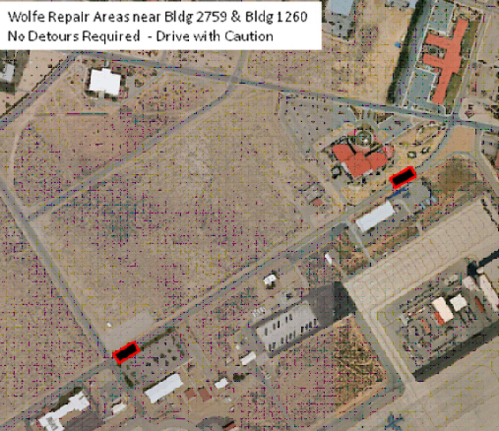 Wolfe Avenue near buildings 2759 and 1260 will be repaired while traffic is routed through the construction areas. (Courtesy graphic)