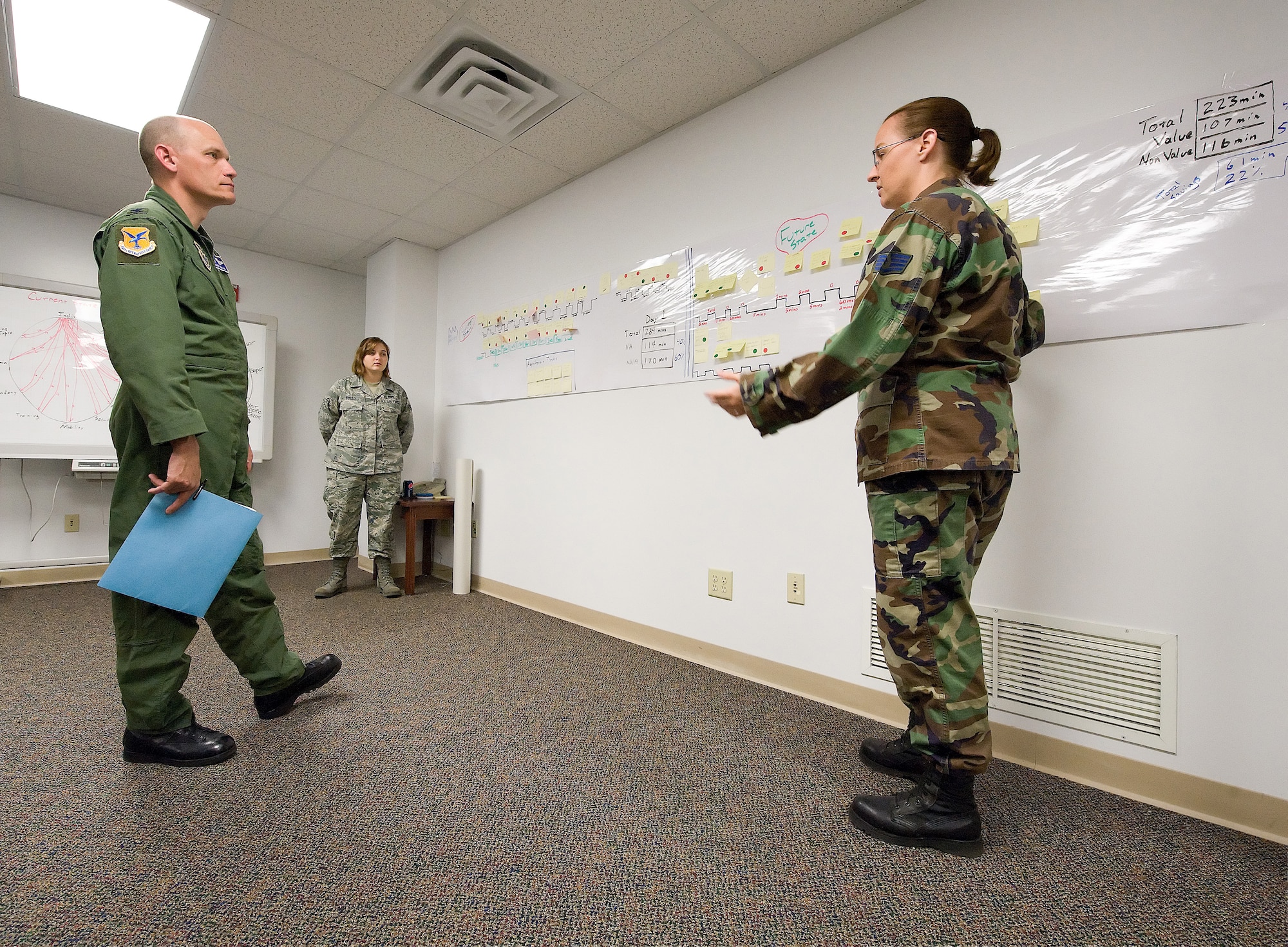(Right) Staff Sgt. Nichole Naprstek, 436th Maintenance Operations Squadron, explains the current state and goal state of base inproccesing to Col. David Horton, 436th Operations Group commander.   An Air Force Smart Operations for the 21st Century initiative recently cut the number of days an Airmen will spend inproccessing from 14 down to two, saving Team Dover $1.8 million a year in lost man hours.  (U.S. Air Force photo/Jason Minto)