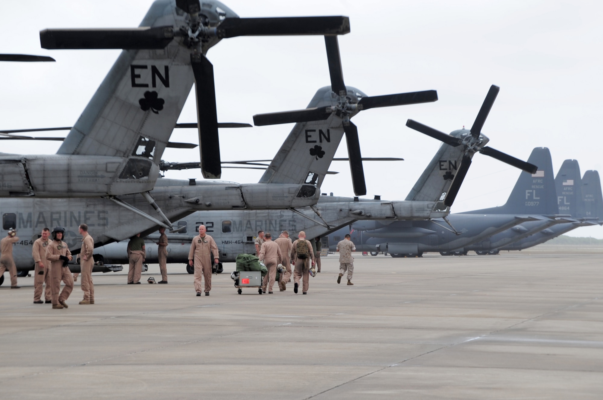 PATRICK AIR FORCE BASE, Fla. - The Marines from Marine Air Group 29 out of New River, North Carolina landed here May 12 in three CH-53E Super Stallion Helicopters to iron out training issues with Airmen from the 920th Rescue Wing.  The unit will be deploying with wing pararescuemen here later this year to the Horn of Africa to provide search and rescue support for the region. The two services spent a week honing their skills by conducting various types of training which will help them work in unison. The training also included some air-to-air refueling with the HC-130P/N Hercules squadron here. (U.S. Air Force Photo/Master Sgt. Chance Babin)