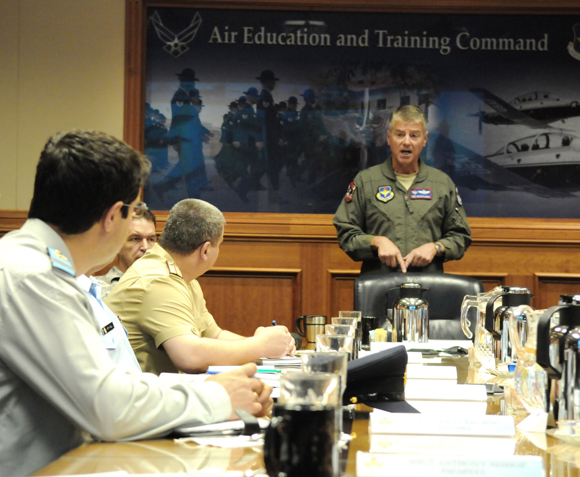 Maj. Gen. Anthony Przybyslawski talks with senior enlisted leaders from partner nations during the 2009 Worldwide Senior Enlisted Leaders visit May 12-15 at Randolph Air Force Base, Texas. The visit was hosted by U.S. Air Force senior enlisted leaders to give their foreign counterparts a look at a U.S. Air Force enlisted member's career from start to finish. General  Przybyslawski is the Air Education and Training Command vice commander, (U.S. Air Force photo/Rich McFadden)