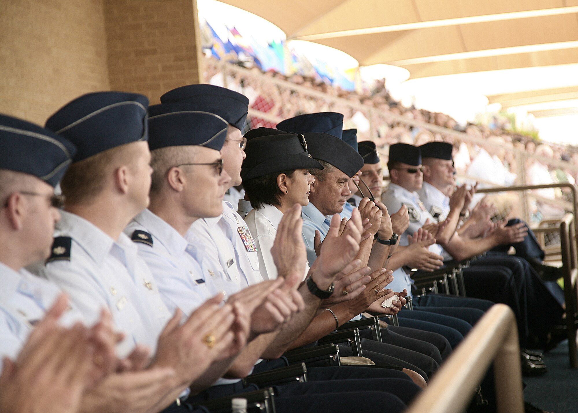 Attendees from the Senior Enlisted Leader Summit view the Air Force Basic Military Training graduation parade May 15 at Lackland Air Force Base, Texas. (U.S. Air Force photo/Robbin Cresswell) 