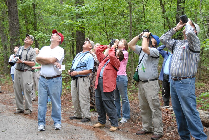 Bird watchers scan the treetops of the wooded area near Luna Lake during a bird walk Saturday. About 50 species of birds were spotted during the three-hour tour.  U.S. Air Force photo by Wayne Crenshaw