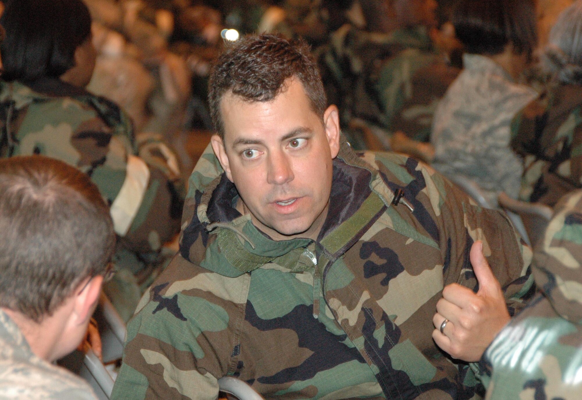 MCGUIRE AIR FORCE BASE, N.J. -- Maj. Matthew Bell of the 514th Civil Engineering Squadron here, discusses the hardening of facilities and structures during the final Operational Readiness Inspection pep rally held May 17. (U.S. Air Force photo/Staff Sgt. Monica Dalberg)
