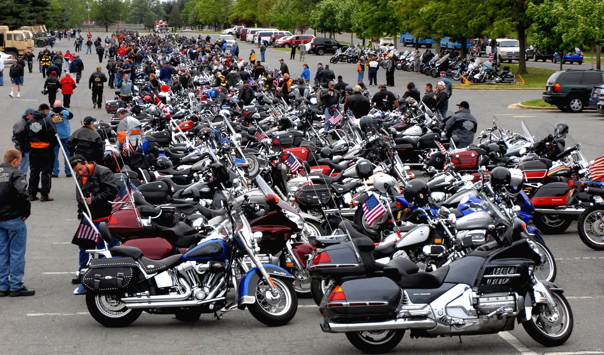 Motorcycle riders from the Third Annual Armed Forces Freedom Ride gather in a parking lot near Doughboy Field on Joint Base McGuire-Dix-Lakehurst, N.J., on May 17, 2009, after completing of a 36-mile journey in honor of the U.S. Armed Forces.  More than 1,100 people participated in the Freedom Ride and they raised more than $45,000 to support the military members and their families stationed in Burlington County, N.J.  (U.S. Air Force Photo/Staff Sgt. Paul R. Evans)