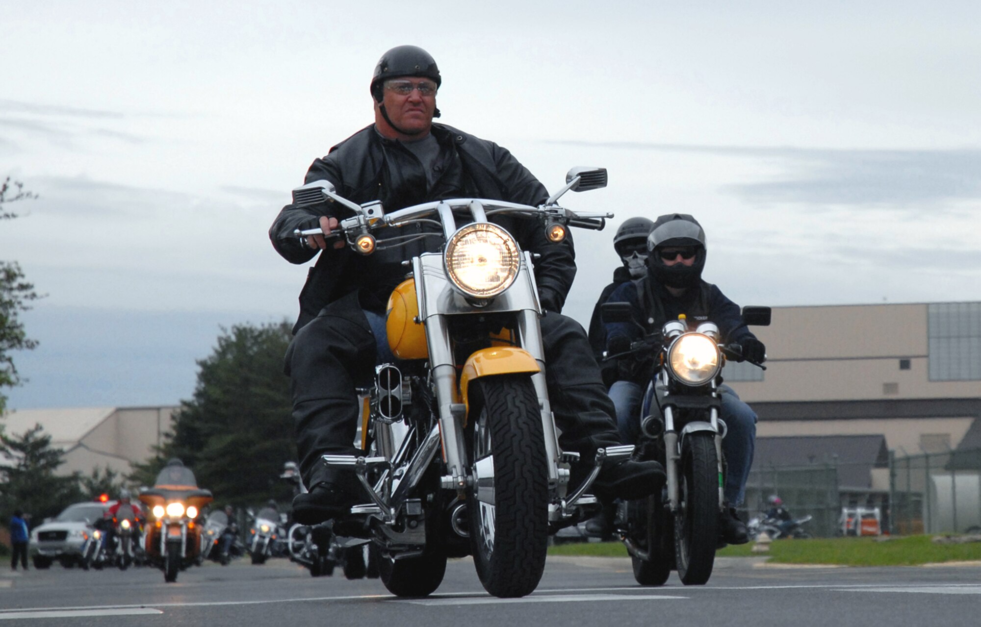Motorcycle riders from the third annual Armed Forces Freedom Ride drive through Joint Base McGuire-Dix-Lakehurst, N.J., on May 17, 2009, as part of a 36-mile ride to show their support and raise money for the support of the U.S. Armed Forces stationed in New Jersey. More than 1,100 participants in the ride helped raise more than $45,000 for veterans' causes. (U.S. Air Force Photo/Staff Sgt. Paul R. Evans)