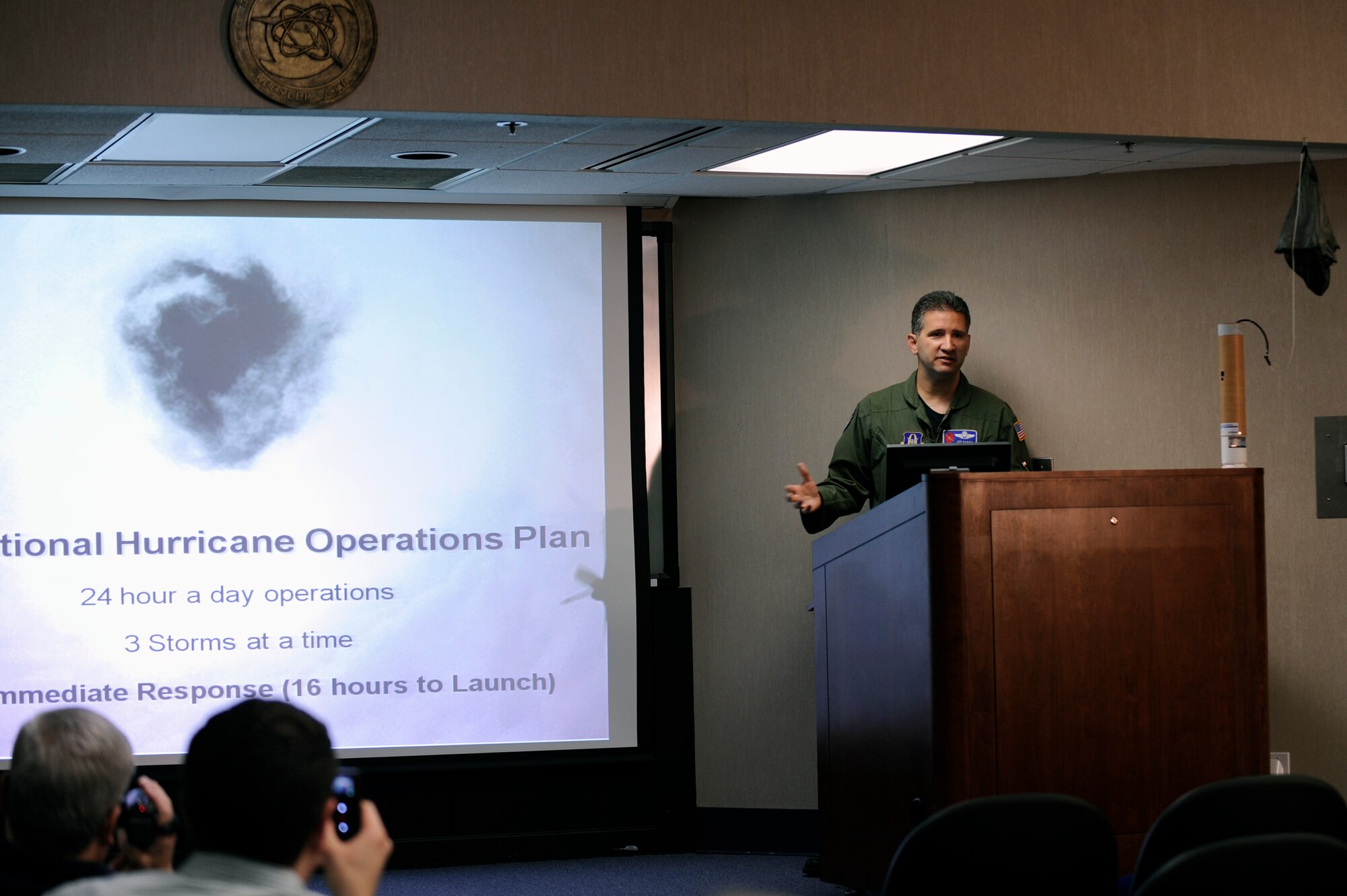 A first for the Air Force, military bloggers were invited to fly with the 53rd Weather Reconnaissance Squadron in a WC-130J "Hurricane Hunter" May 19.   The unit is part of the Air Force Reserve Command's 403rd Wing at Keesler Air Force Base, Miss.  Prior to the flight, the bloggers received several briefings from unit personnel. The training flight featured the unit's weather reconnaissance mission as they prepare to enter hurricane season, which begins June 1. (U.S. Air Force photo/Staff Sgt. Desiree N. Palacios)