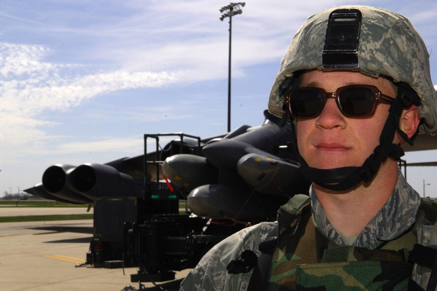 MINOT AIR FORCE BASE, ND – Airman 1st Class Leather Hakel guards A B-52H Stratofortress during a generation exercise as part of a Nuclear Surety Inspection May 16. An NSI is designed to evaluate a unit's readiness to execute nuclear operations.  Areas to be evaluated during the NSI include operations, maintenance, security, and support activities needed to ensure the wing performs its mission in a safe, secure and reliable manner.  This no-notice inspection is expected to conclude May 22. (U.S. Air Force photo by Tech. Sgt. Lee Osberry)