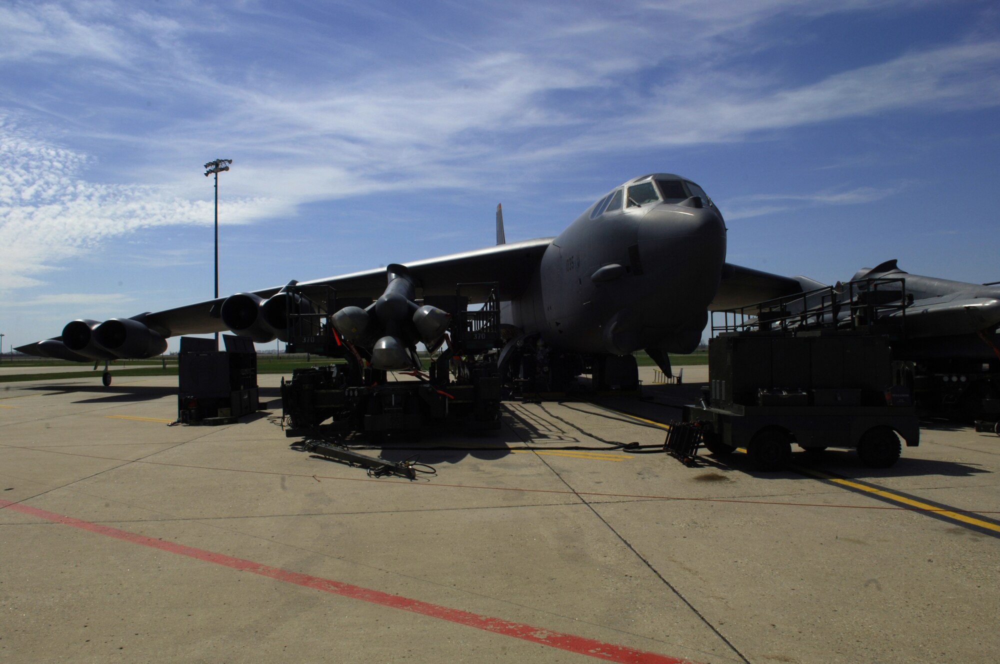 MINOT AIR FORCE BASE, ND -- A B-52H Stratofortress sits ready for action during a generation exercise as part of a Nuclear Surety Inspection May 16. An NSI is designed to evaluate a unit's readiness to execute nuclear operations.  Areas to be evaluated during the NSI include operations, maintenance, security, and support activities needed to ensure the wing performs its mission in a safe, secure and reliable manner.  This no-notice inspection is expected to conclude May 22. (U.S. Air Force photo by Tech. Sgt. Lee Osberry)
