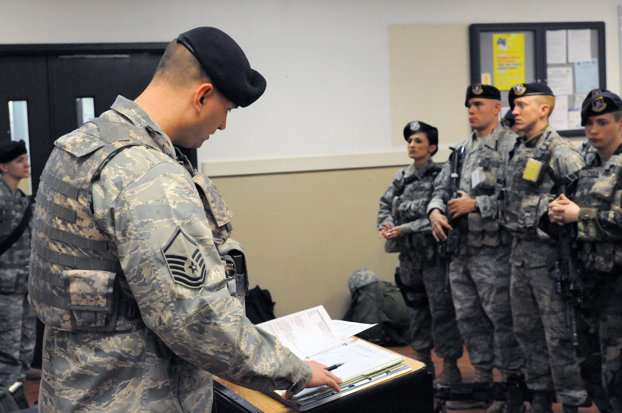 MINOT AIR FORCE BASE, ND – Master Sgt. Kenneth Joy, 5th Security Forces flight chief, briefs members of 5th Security Forces charlie flight on their procedures before the start of their shift during the Nuclear Surety Inspection here May 14.  An NSI is designed to evaluate a unit's readiness to execute nuclear operations.  Areas to be evaluated during the NSI include operations, maintenance, security, and support activities needed to ensure the wing performs its mission in a safe, secure and reliable manner.  This no-notice inspection is expected to conclude May 22. (US Air Force photo by Staff Sgt. Keith Ballard)