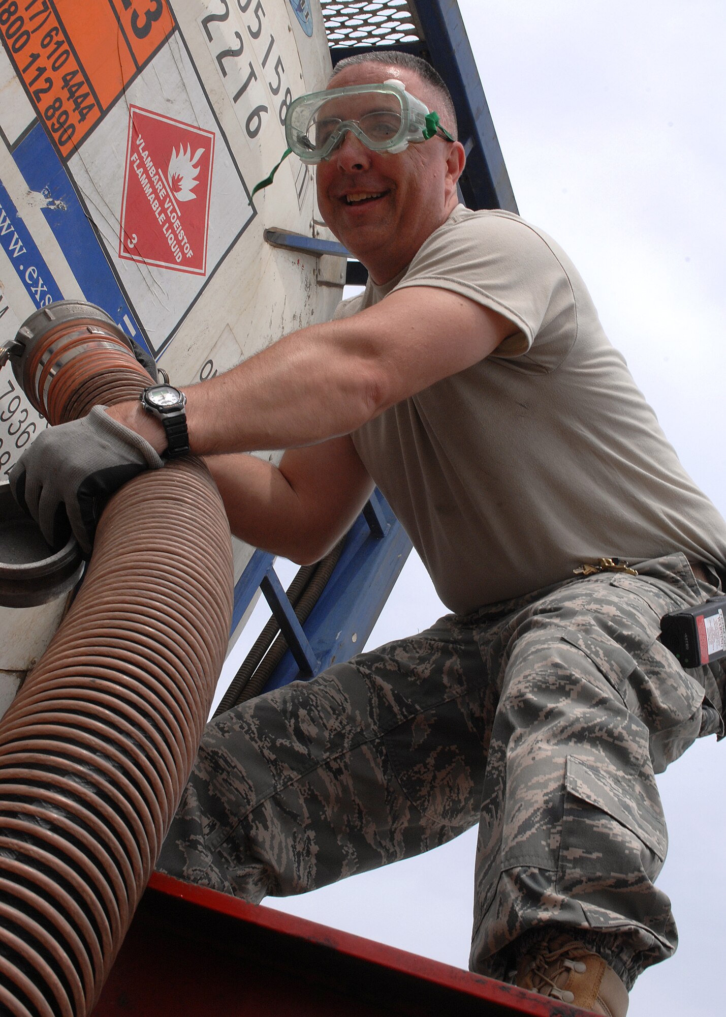 Technical Sgt. Kevin King, 4th Logistics Readiness Squadron fuels specialist, disconnects a hose from a synthetic fuel delivery container near the fuel pump-house on the flightline at Seymour Johnson Air Force Base, N.C., May 8, 2009. Airmen from the fuels management flight will blend the synthetic fuel with standard jet fuel, JP-8. Beginning in early June two Strike Eagles will be fueled exclusively with the blend, to assess the long-term effects. (U.S. Air Force photo by Staff Sgt. Shawn J. Jones)