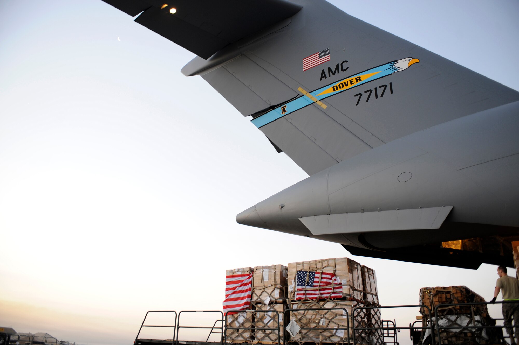 A pallet containing humanitarian relief supplies destined for Pakistan is prepared to be loaded into the cargo bay of a C-17 Globemaster III May 20, 2009, at an undisclosed location in Southwest Asia. (U.S. Air Force photo by Staff Sgt. Shawn Weismiller)