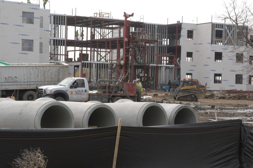 MINOT AIR FORCE BASE, N.D. -- Construction of the new dormitories for Airman continues here May. 12. The project is set to be completed in the spring of 2010. Overall, six new facilities will be built to replace the current base dormitories, which were built between 1957 and 1975 (U.S. Air Force photo by Staff Sgt. Stacey Moless)
