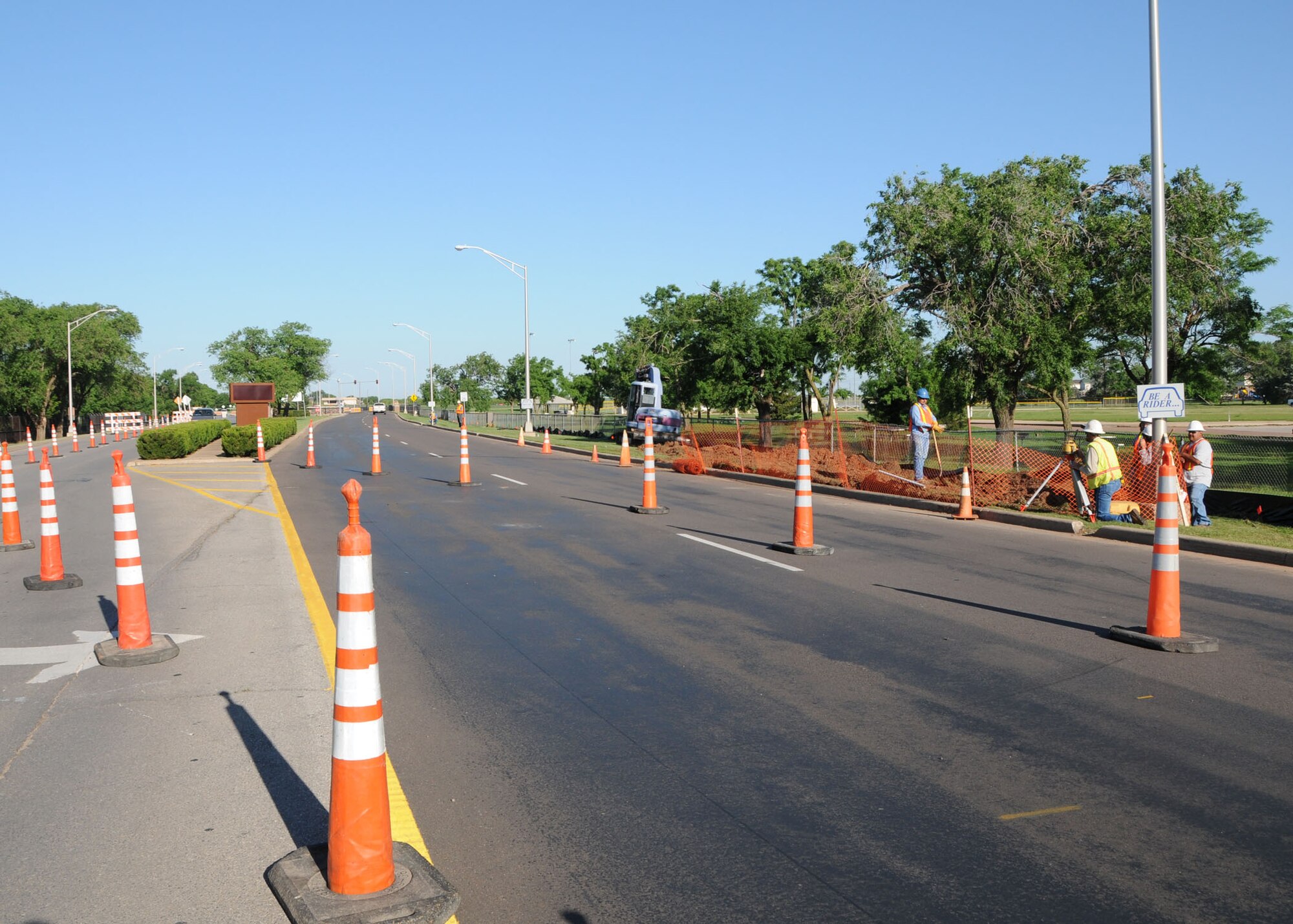 ALTUS AIR FORCE BASE, Okla. – Construction workers begin modifications to Altus AFB main gate as part of increased security measures. Renovations to the main gate will limit the traffic to one lane each way from May 18 to June 26. (U.S. Air Force Photo/Senior Airman Marianne E. Lane)