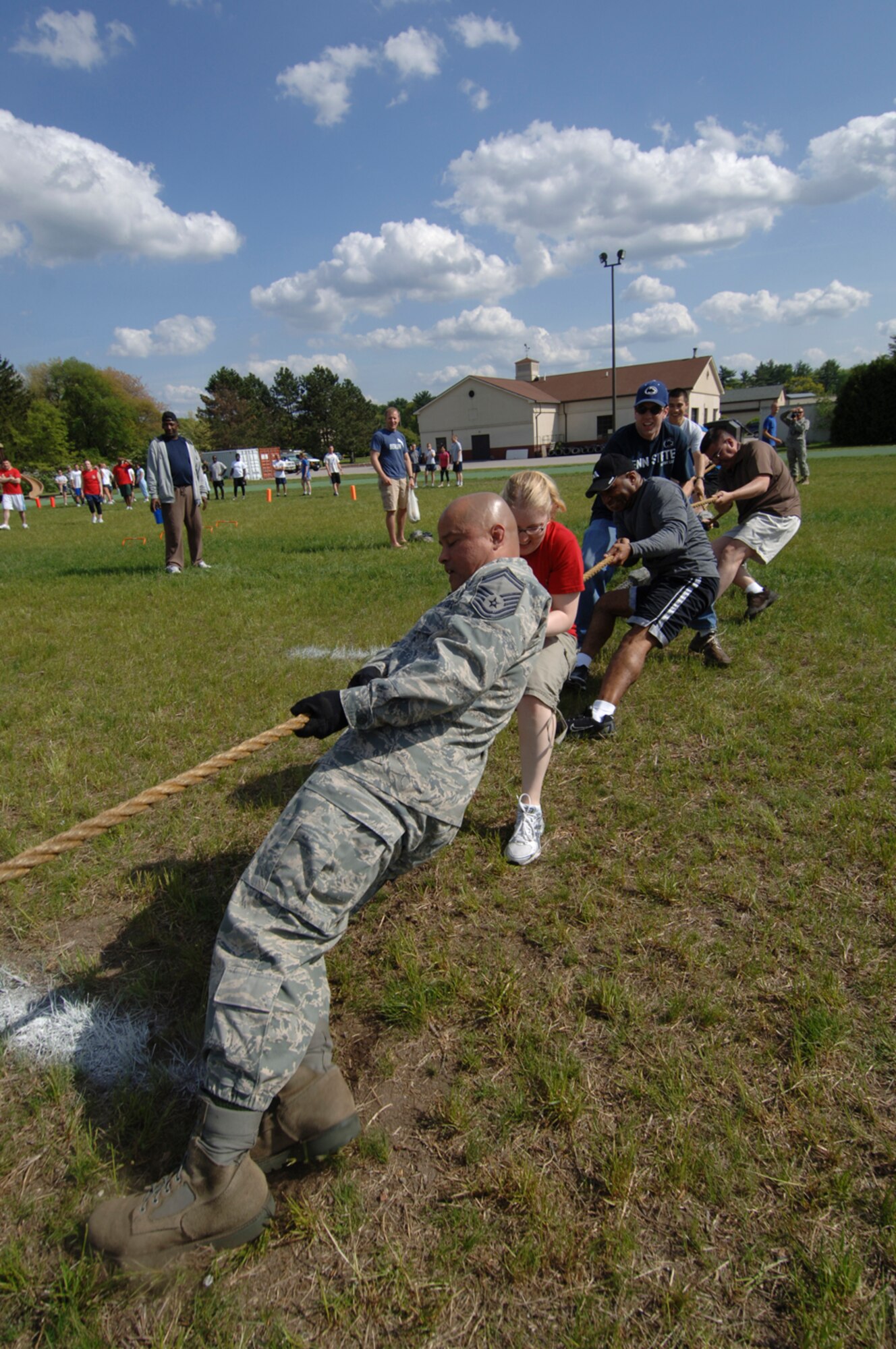 HANSCOM AIR FORCE BASE, Mass. –Members of the 551st Electronic Systems Wing put some muscle into a tug of war competition during one of the Hanscom Olympics events on May 15. Hanscom’s Olympic games opened May 11 and will close on May 21 with an awards ceremony at noon and a base picnic to immediately follow. (U.S. Air Force photo by Rick Berry)