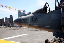 NEW YORK – An AV-8B Harrier from Special Purpose Marine Air Ground Task Force New York sits on the flight deck of the USS Iwo Jima in front of the New York Skyline May 20. The Marines and Sailors of SPMAGTF—New York are participating in Fleet Week May 20-28.