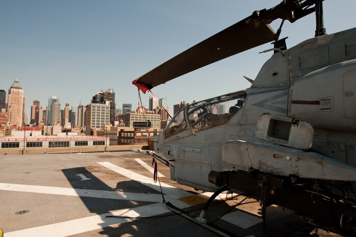 Helocopter, planes and displays line the flight deck of the USS Iwo Jima that is docked in Pier 88, in Manhattan, May 20. The USS Iwo Jima is in New York City as part of Fleet Week 2009.