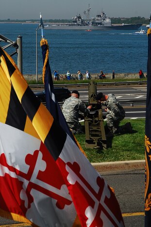 NEW YORK CITY -- Soldiers at Fort Hamilton, N.Y., give the Parade of Sail ships a 17-gun salute, May 20. The Navy and Marine Corps are in New York City from May 20-27 for Fleet Week, a week long display of military equipment and personnel. (Official Marine Corps photo by Sgt. Randall A. Clinton)