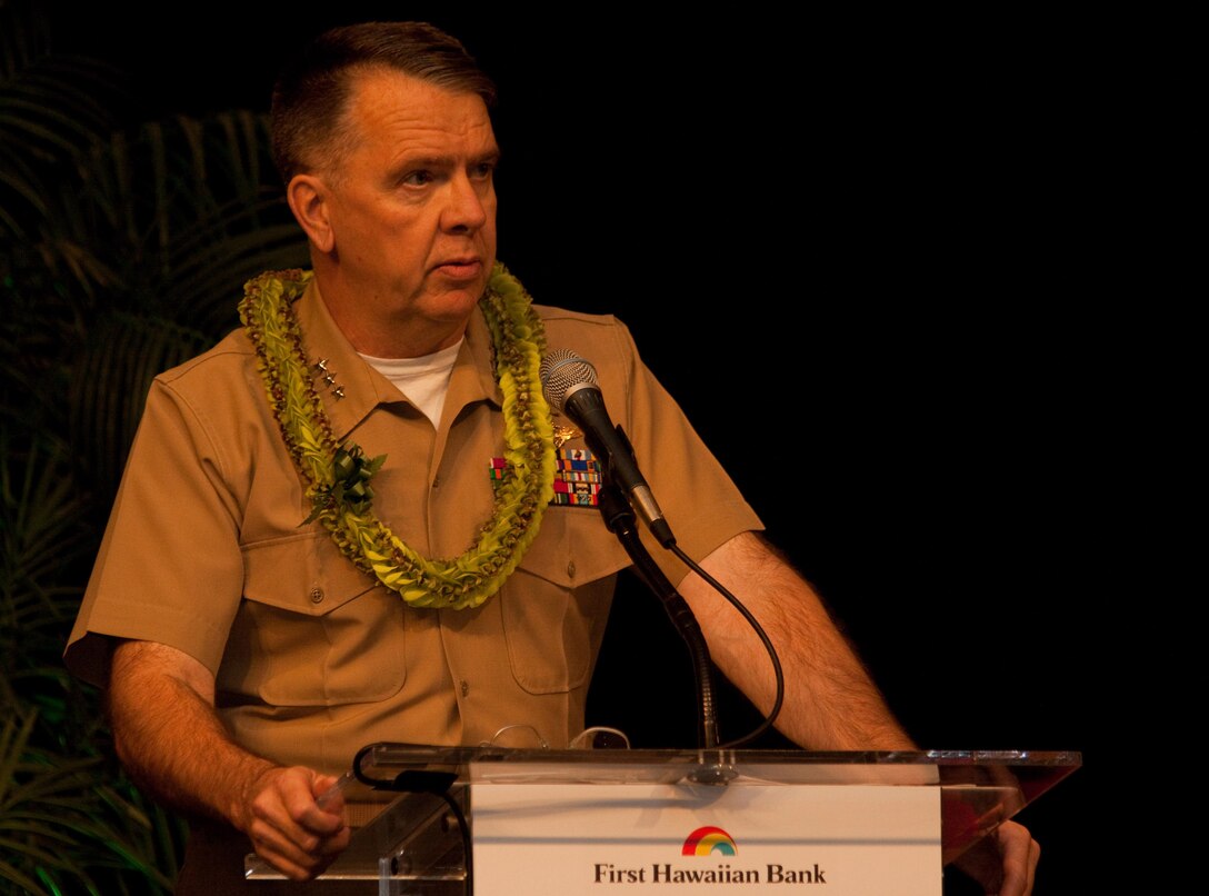 Lt. Gen. Keith J. Stalder, commander, U.S. Marine Corps Forces, Pacific, delivers the keynote speech during the 24th Annual Military Recognition Luncheon May 21 at the Hilton Hawaiian Village here. Stalder expanded on military appreciation and highlighted some significant contributions service members have made and thanked them for their hard work and efforts.