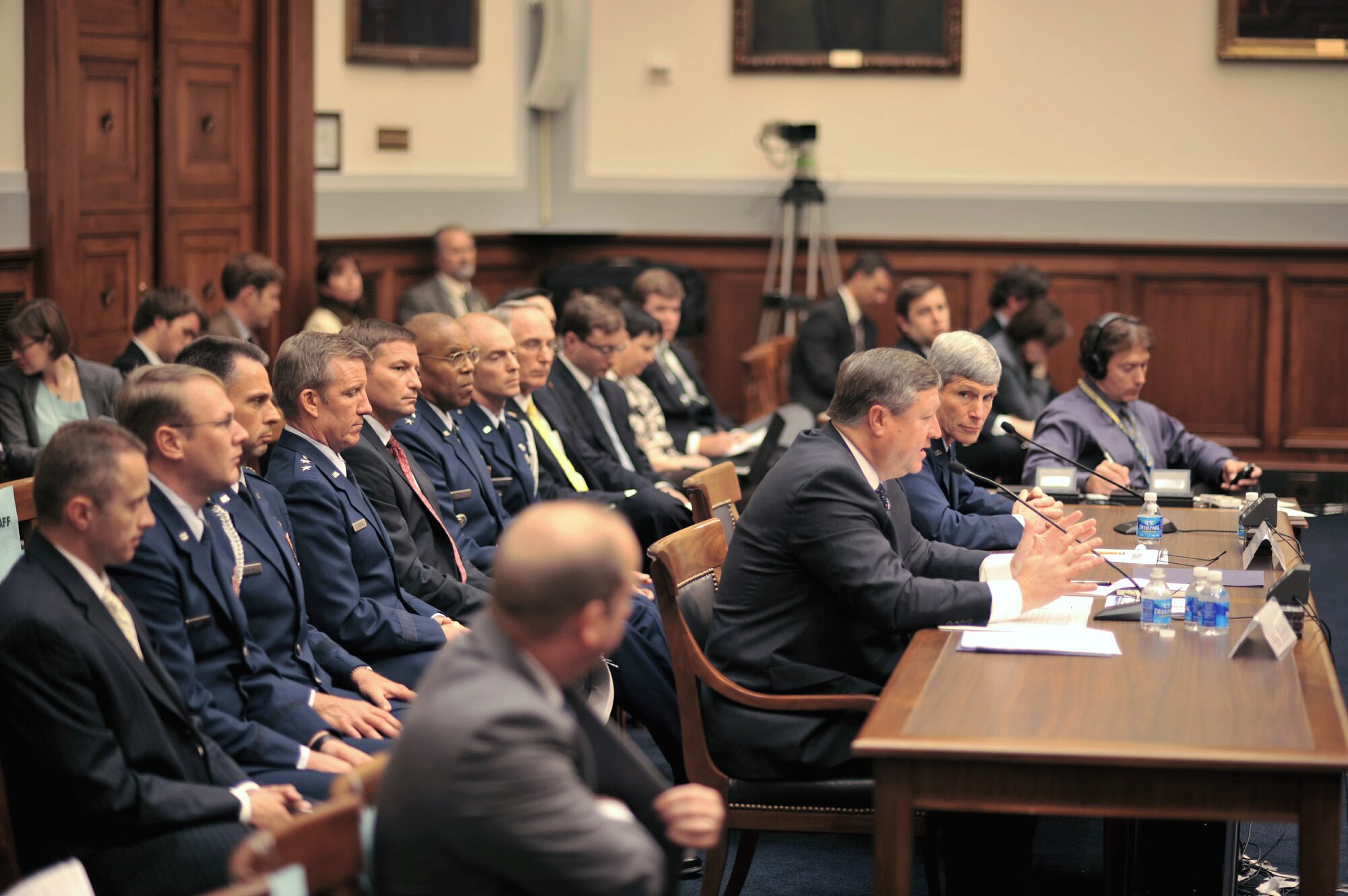 Secretary of the Air Force Michael Donley (left at table)  testifies with Air Force Chief of Staff Gen. Norton Schwartz before the U.S. House Armed Services Committee on the current Air Force posture May 19 in the House Rayburn Building in Washington, D.C.  The two Air Force leaders spent most of the week before both the House and Senate providing feedback with regard to the upcoming budget and current and projected capabilities.  (U.S. Air Force photo/Scott M. Ash)