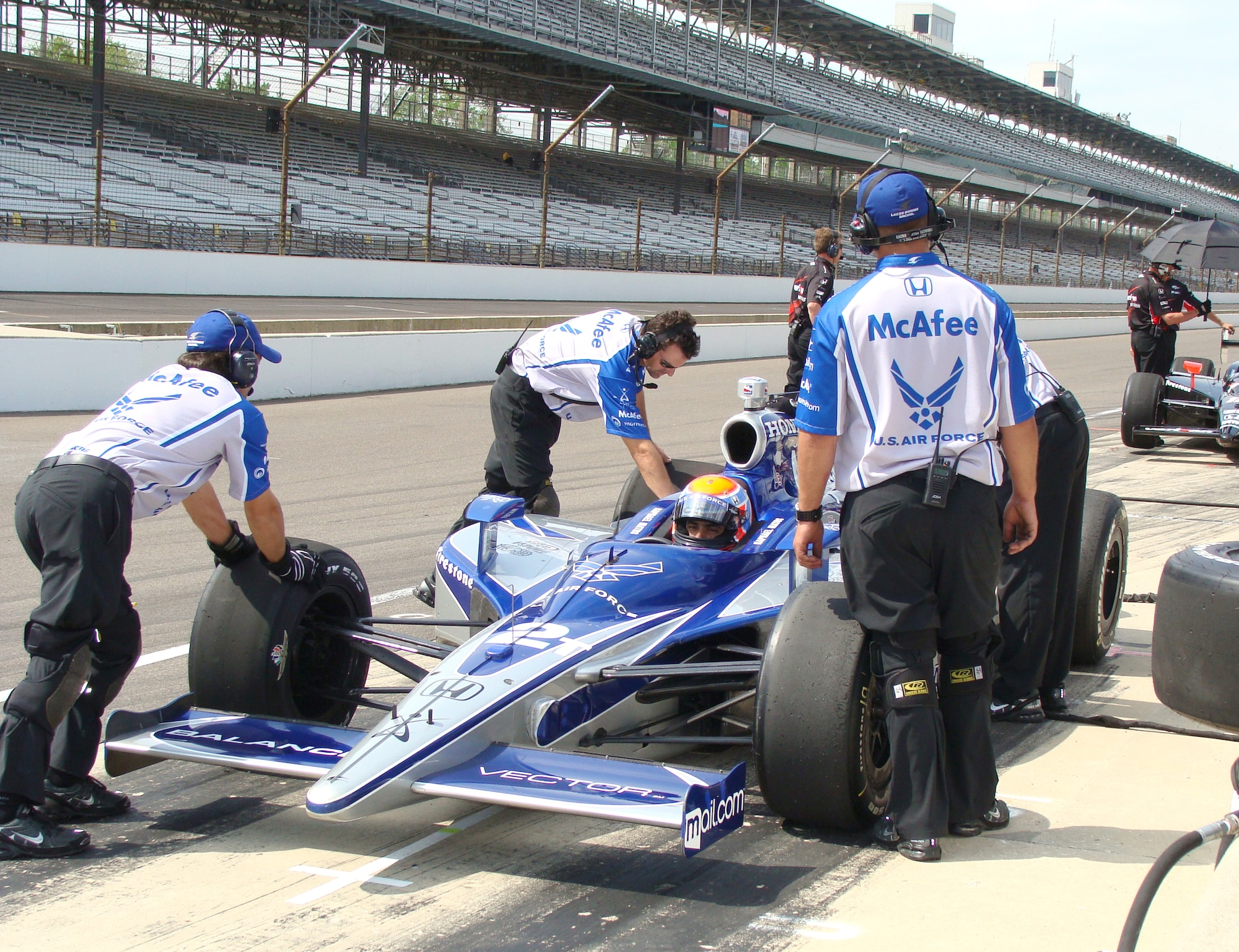 The Luczo Dragon Racing team completes a pit stop during practice by No. 2 car driver Rafael Matos May 16 at the Indianapolis Motor Speedway. Matos is driving the Air Force-themed Indy car in the Indianapolis 500 May 24 after qualifying 12th with the fastest time of five rookies in the field. (U.S. Air Force photo/Daniel Elkins) 
