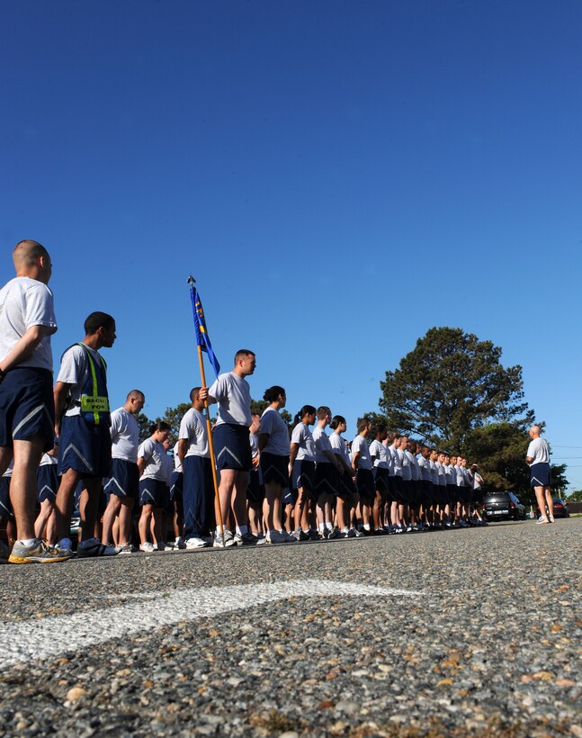 LANGLEY AIR FORCE BASE, Va. -- Lt. Col. William Brooks, 1st Security Forces Squadron commander, gives a safety briefing to his squadron before their run May 21.  This briefing was used to help ensure the Airmen stay safe during the run and during the Memorial Day weekend. (U.S. Air Force photo/Senior Airman Zachary Wolf)