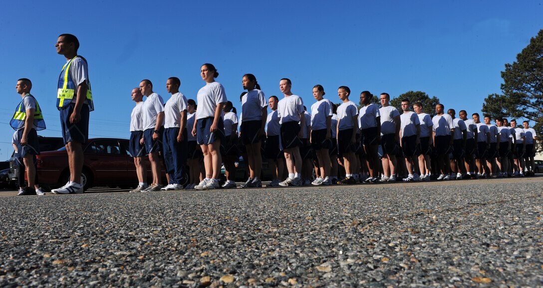 LANGLEY AIR FORCE BASE, Va. -- Members of 1st Security Forces Squadron stand in formation before their run May 21.  This was one of their runs that SF completes annually.  (U.S. Air Force photo/Senior Airman Zachary Wolf)