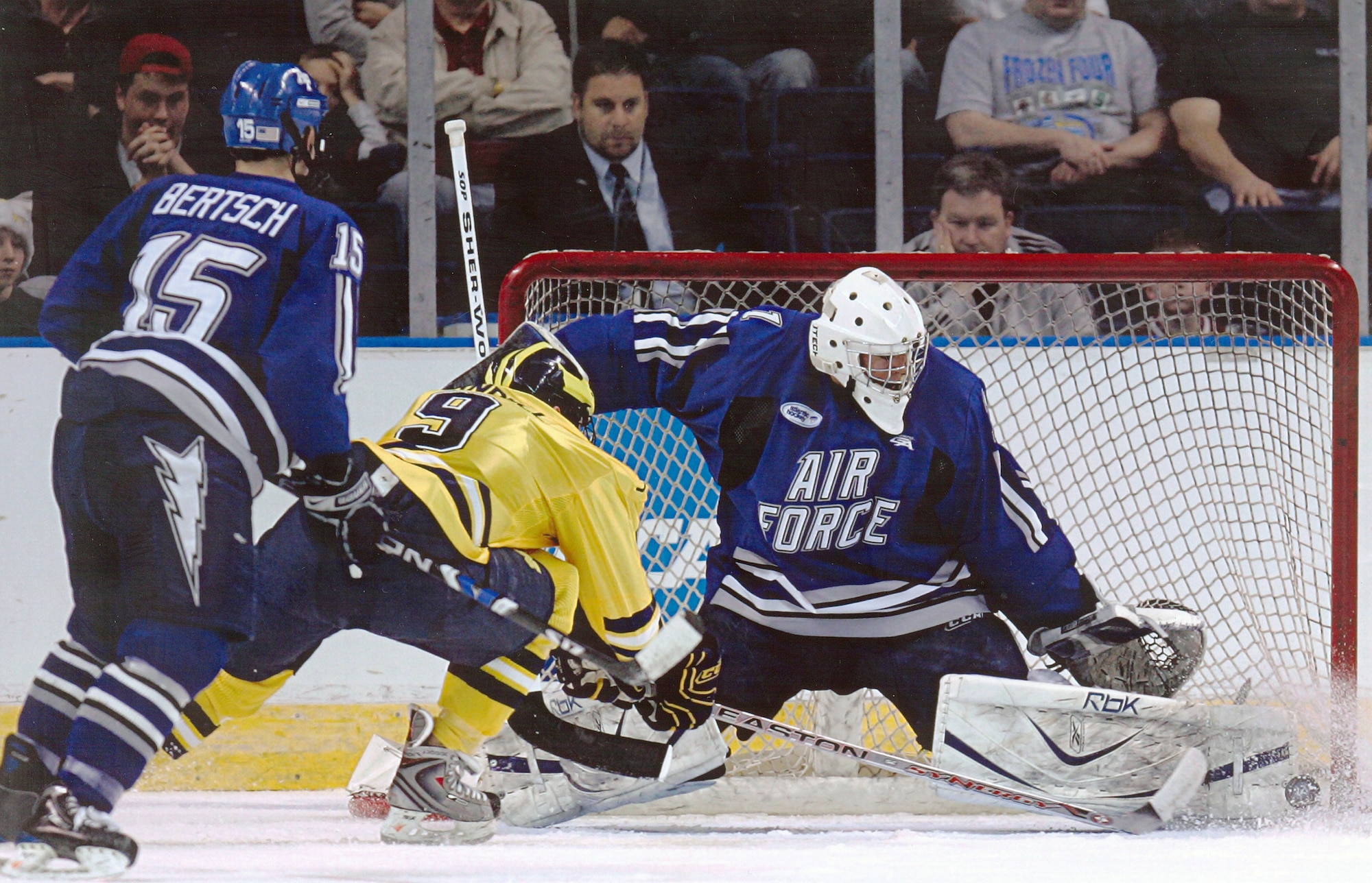 Andrew Volkening makes one of 43 saves against third-ranked Michigan, leading Air Force to a 2-0 victory over the Wolverines in the first game of the NCAA East Regional in Bridgeport, Conn., March 27. Volkening led the Falcons to their first-ever NCAA tournament win and was named to the East Regional all-tournament team. Air Force fell in the regional final to No. 10 Vermont, 3-2, in double overtime March 29. (U.S. Air Force photo/Rich Steiglitz)