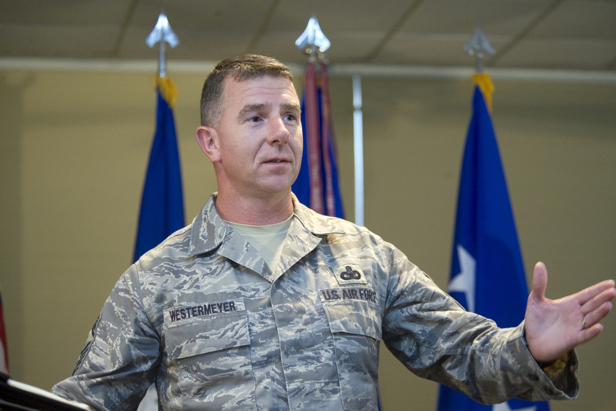 EGLIN AIR FORCE BASE, Fla. - Command Chief Master Sgt. Thomas Westermeyer, 96th Air Base Wing command chief, speaks to Airmen during a commander's call on May 19. Chief Westermeyer told the Airmen that he works for them, not the other way around, and that he looks  forward to meeting each of them in the near future. (U.S. Air Force photo/Debi Hausserman)